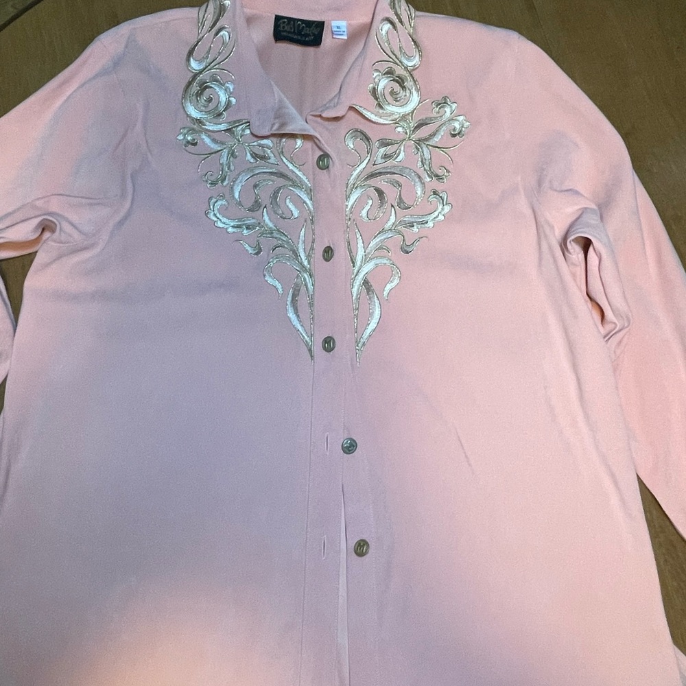 Bob Mackie Peach Button-Up Shirt with Silver & gold Embroidery